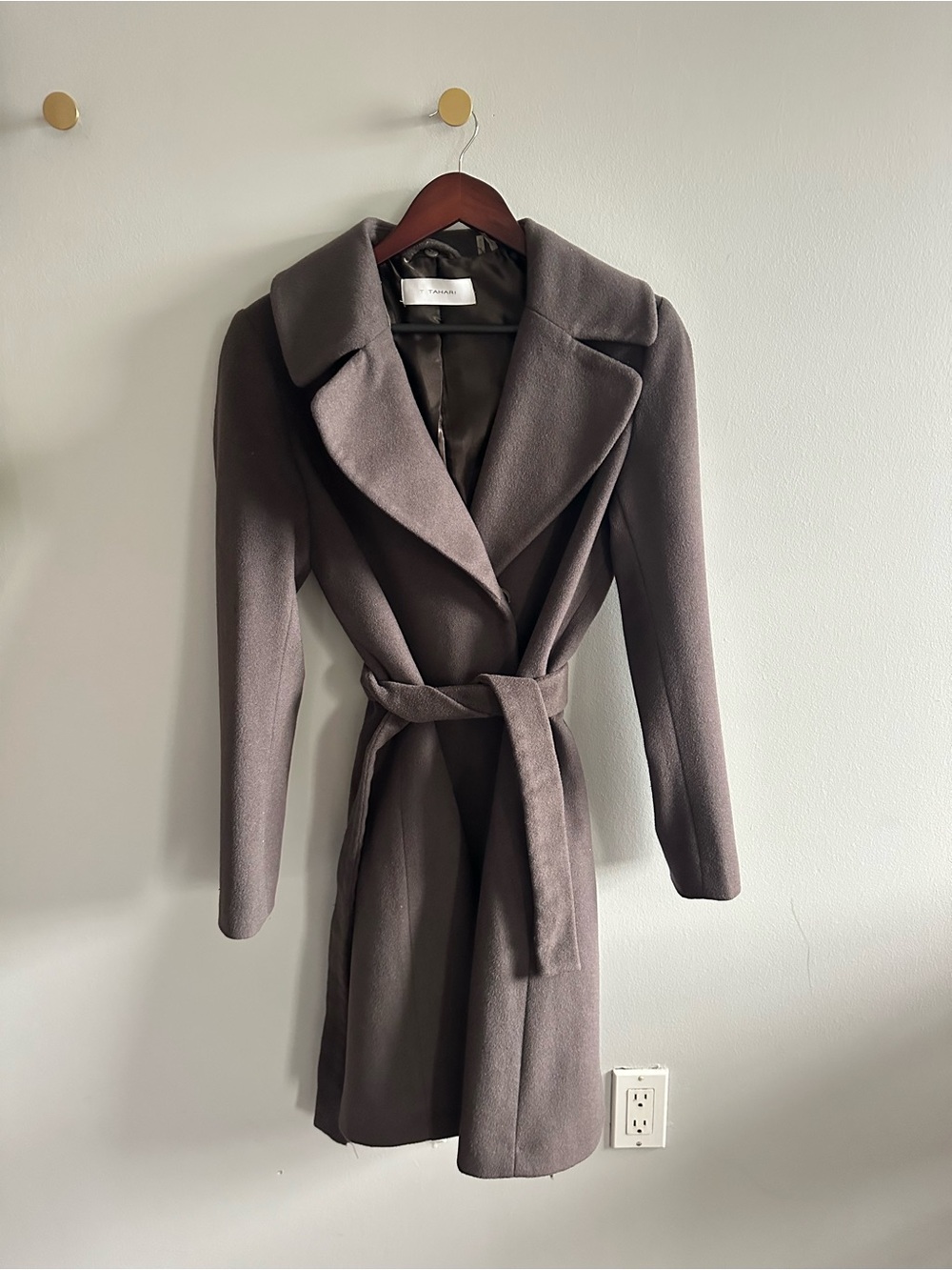 Tahari Gray Belted Wool-Blend Trench Coat